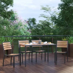 Lark 5 Piece Patio Table Set - Synthetic Teak Poly Slats - 30" x 48" Steel Framed Table with 4 Stackable Faux Teak Chairs