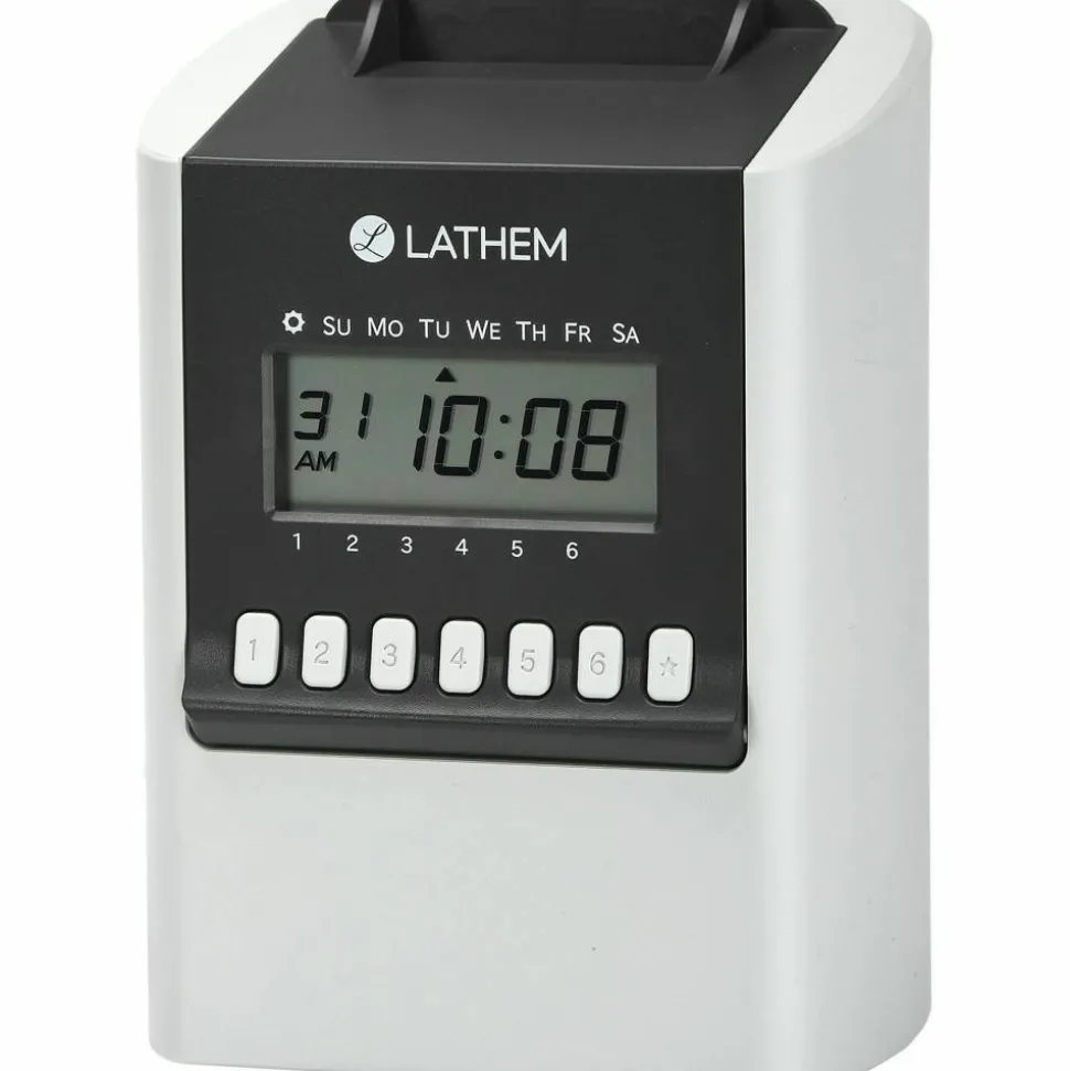 Lathem Calculating Electronic Time Clock, 100 Employees, 6-15/16”H x 5-1/4”W x 9-5/8”D, Gray, 700E