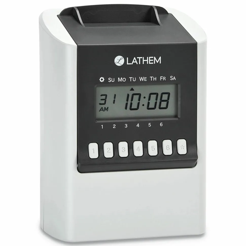 Lathem Calculating Electronic Time Clock, 100 Employees, 6-15/16”H x 5-1/4”W x 9-5/8”D, Gray, 700E