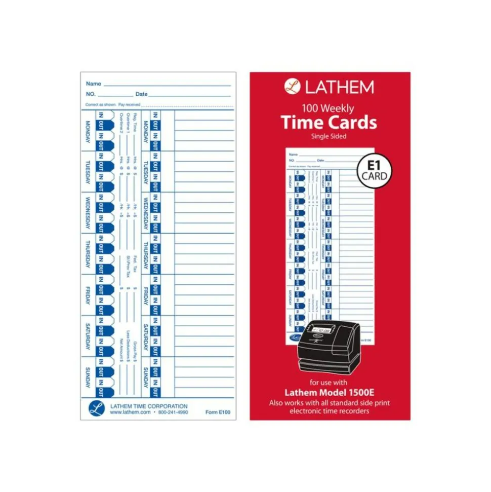 Lathem Time Cards For Electronic Side-Print Time Clocks, Weekly, 1-Sided, 4" x 9", Box Of 100