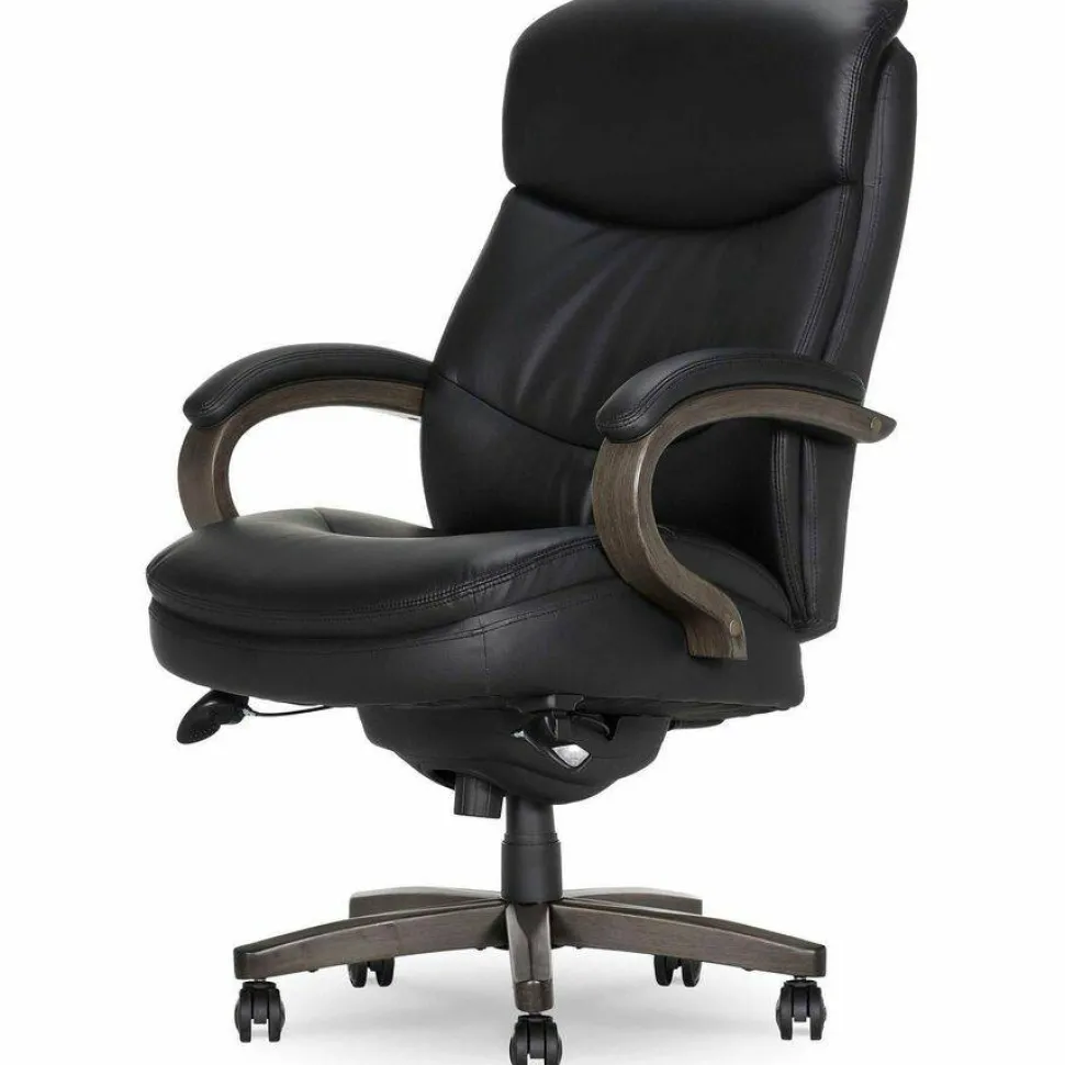 La-Z-Boy Woodbury Big/Tall Executive Chair, Supports Up to 400 lb, 20.25" to 23.25" Seat Height, Black Seat/Back, Weathered Gray Base