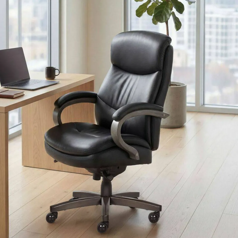 La-Z-Boy Woodbury Big/Tall Executive Chair, Supports Up to 400 lb, 20.25" to 23.25" Seat Height, Black Seat/Back, Weathered Gray Base