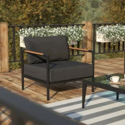 Lea Indoor/Outdoor Patio Chair with Cushions - Modern Aluminum Framed Chair with Teak Accented Arms, Black with Charcoal Cushions