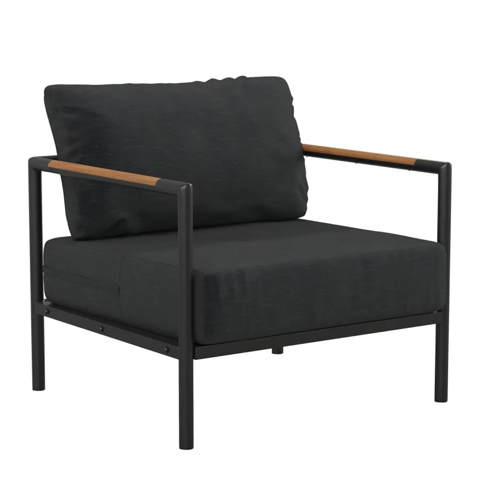 Lea Indoor/Outdoor Patio Chair with Cushions - Modern Aluminum Framed Chair with Teak Accented Arms, Black with Charcoal Cushions