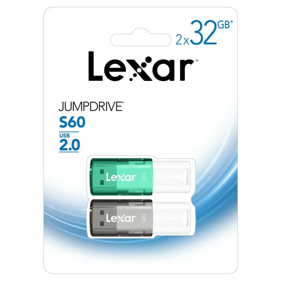 Lexar JumpDrive S60 USB 2.0 Flash Drives, 32GB, Black/Teal, Pack Of 2 Flash Drives, LJDS60-32GB2NNU