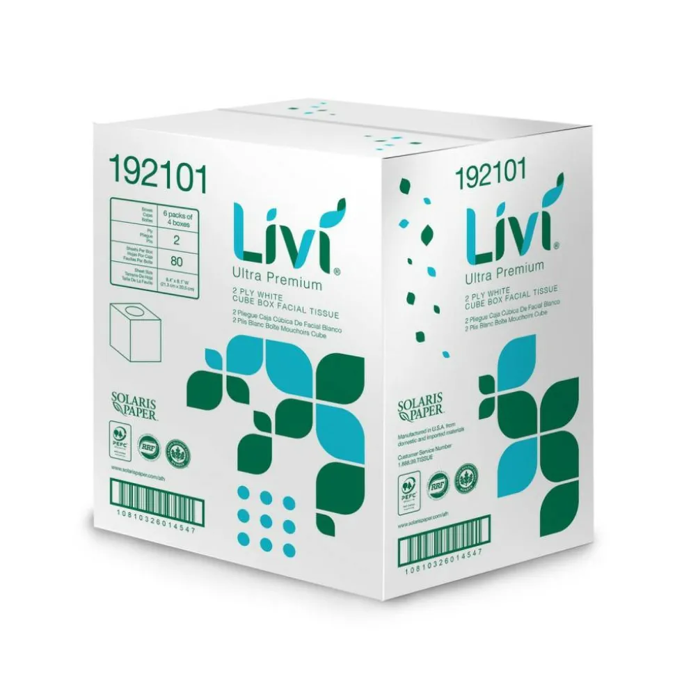 Livi Ultra Premium Facial Tissue, Cube Box, 2-Ply, White, 80 Sheets/Box, 4 Boxes/Pack, 6 Packs/Carton