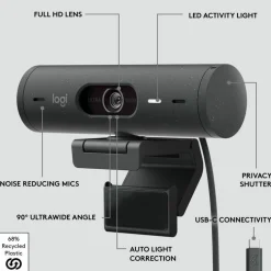 Logitech Brio 500 Full HD webcam, auto framing, noise-reducing mics, privacy shutter, streaming & video calling, Graphite