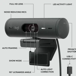 Logitech Brio 505 Full HD Webcam, TAA Compliant, Auto-Framing, Show Mode, Dual Noise Reduction Mics, Privacy Shutter