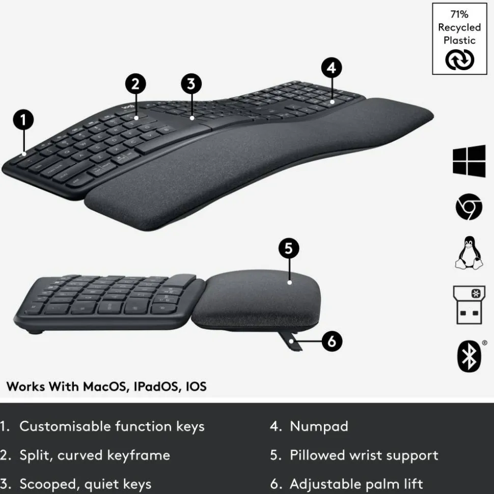 Logitech ERGO K860 Wireless Ergonomic Keyboard - Split Keyboard, Wrist Rest, Natural Typing, Stain-Resistant Fabric