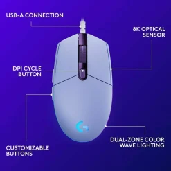 Logitech G203 Wired Gaming Mouse, 8,000 DPI, Rainbow Optical Effect LIGHTSYNC RGB, 6 Programmable Buttons, Lilac