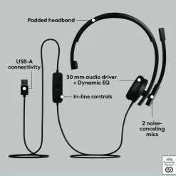 Logitech H570e USB Wired Mono Headset, USB-A, Noise-Canceling Mics, Inline Controls, Certified for Microsoft Teams, Black