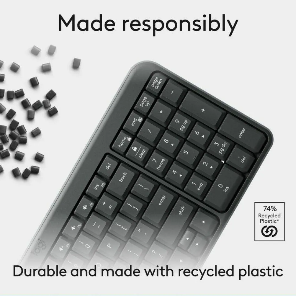 Logitech K250 Bluetooth Keyboard with Numpad, Easy Connectivity, Compact Wireless Keyboard made with Recycled Plastic, Spill-Resistant, comfortable Keys (Graphite)