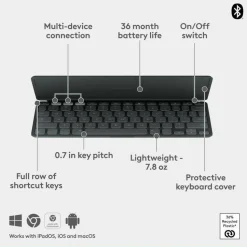 Logitech Keys-To-Go 2 Portable Wireless iPad Keyboard With Built-in Cover, Slim and Compact Wireless Keyboard for iPad, iPhone, Mac, and Apple TV, Easily Switch Between Devices (Graphite)
