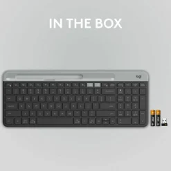 Logitech K585 Multi-Device Slim Wireless Keyboard, Built-in Cradle for device, Bluetooth/Receiver, Easy Switch, Graphite