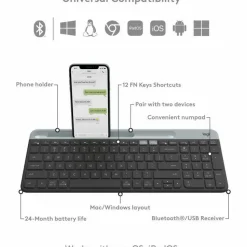 Logitech K585 Multi-Device Slim Wireless Keyboard, Built-in Cradle for device, Bluetooth/Receiver, Easy Switch, Graphite