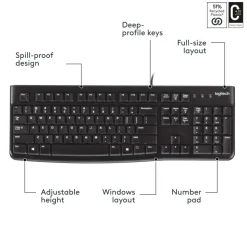 Logitech K120 Wired Keyboard for Windows, USB Plug-and-Play, Full-Size, Spill-Resistant, Curved Space Bar, Compatible with PC, Laptop - Black
