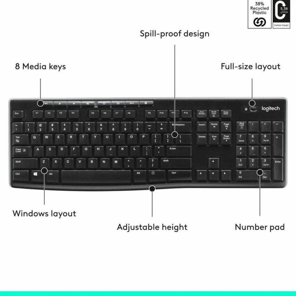 Logitech K270 Wireless Keyboard, USB Unifying Receiver, Black