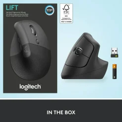Logitech Lift Vertical Ergonomic Mouse, Graphite, Wireless, Quiet clicks