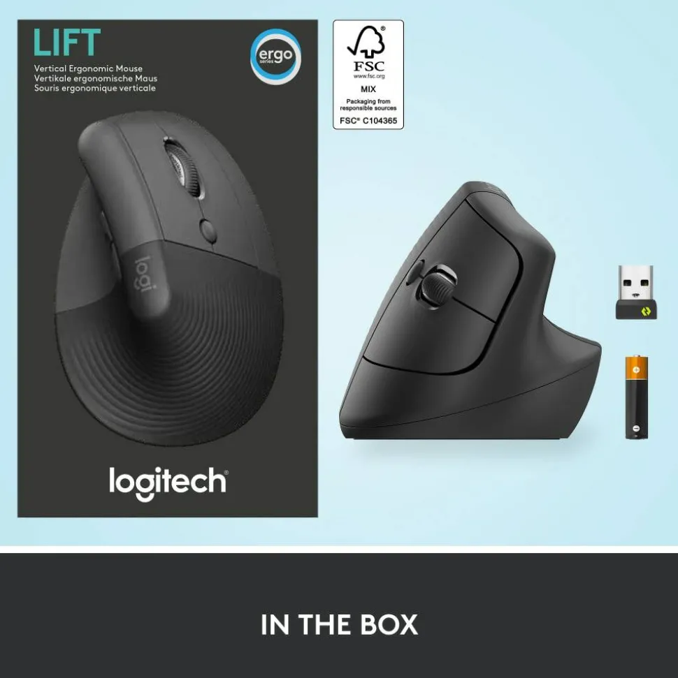 Logitech Lift Vertical Ergonomic Mouse, Graphite, Wireless, Quiet clicks