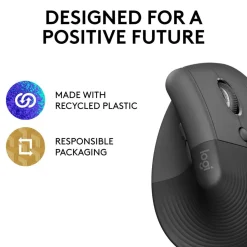 Logitech Lift Vertical Ergonomic Mouse, Graphite, Wireless, Quiet clicks