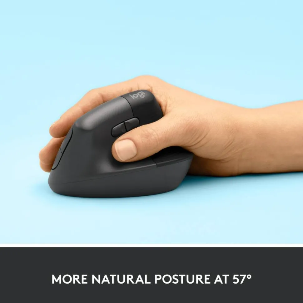 Logitech Lift Vertical Ergonomic Mouse, Graphite, Wireless, Quiet clicks