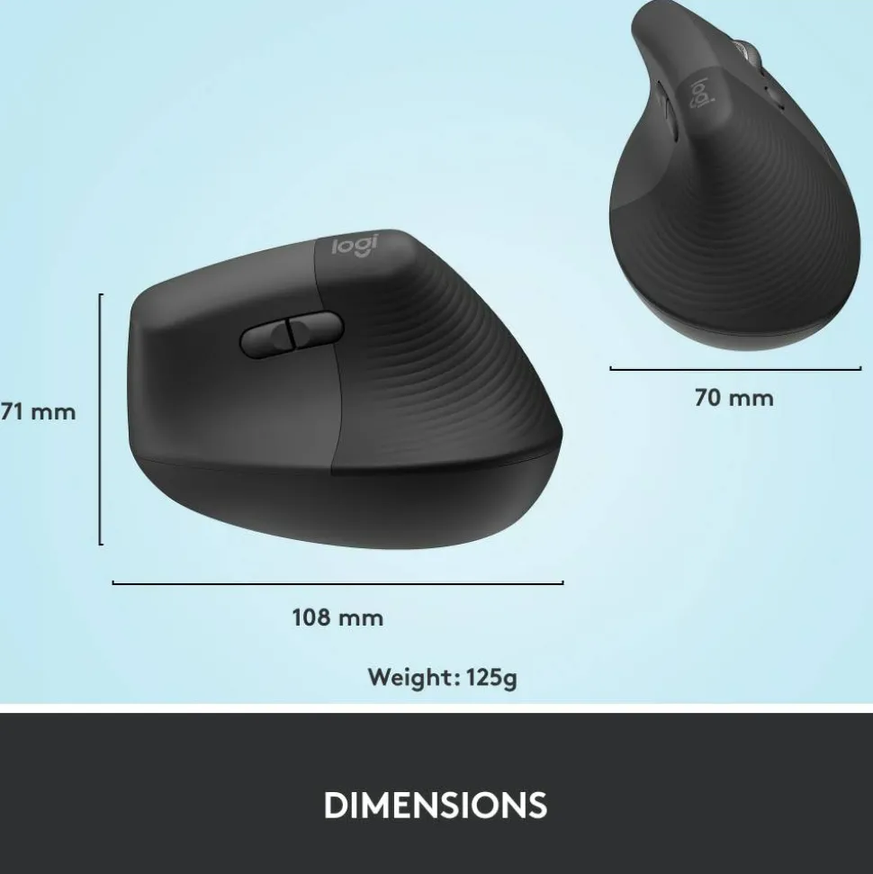 Logitech Lift Vertical Ergonomic Mouse, Graphite, Wireless, Quiet clicks