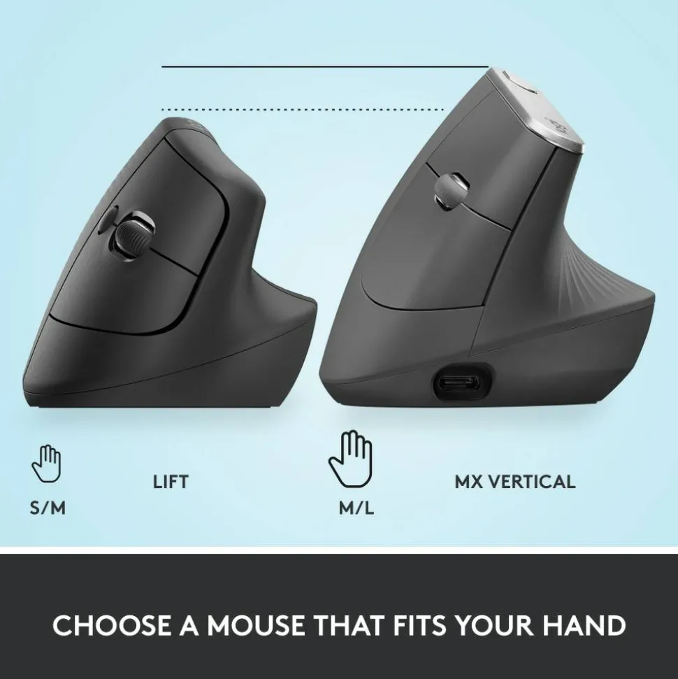 Logitech Lift Vertical Ergonomic Mouse, Graphite, Wireless, Quiet clicks