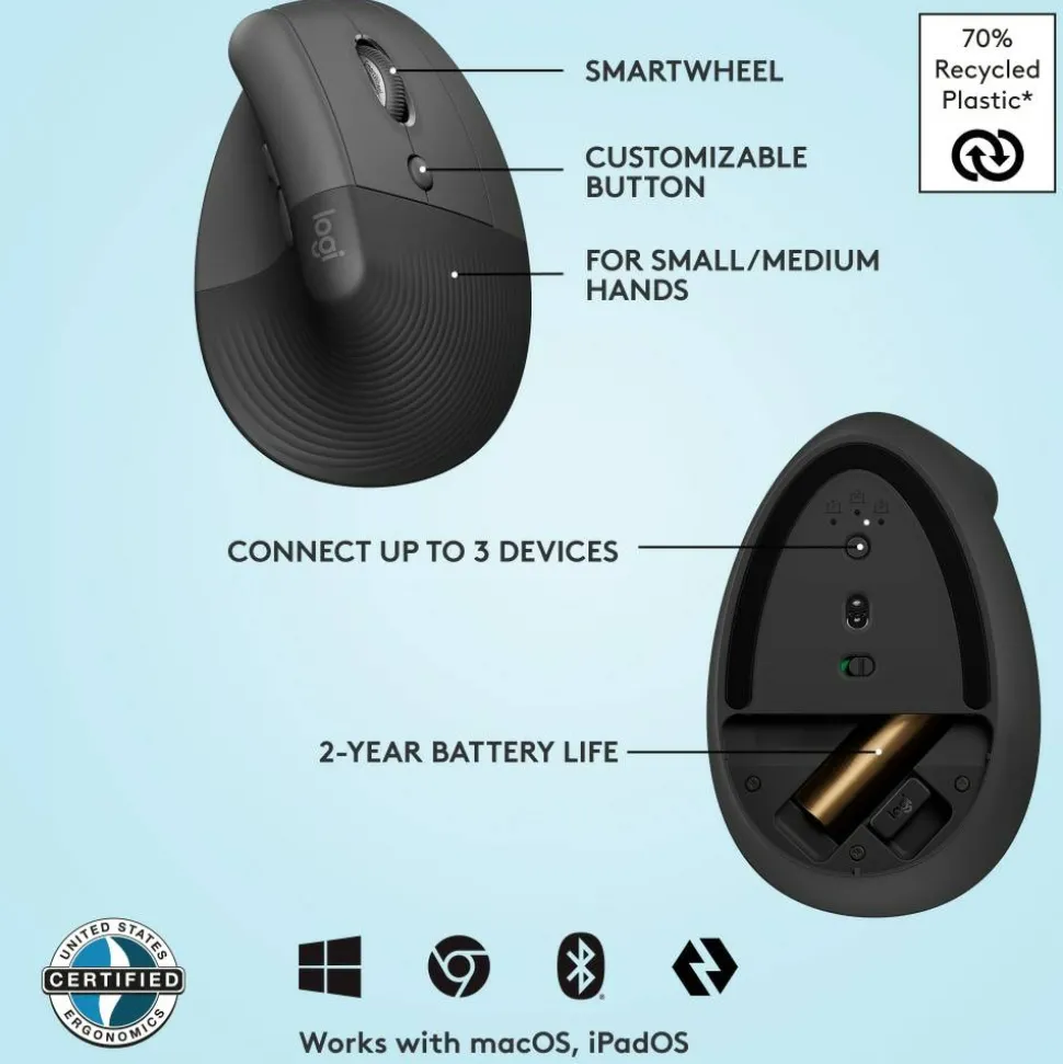 Logitech Lift Vertical Ergonomic Mouse, Graphite, Wireless, Quiet clicks