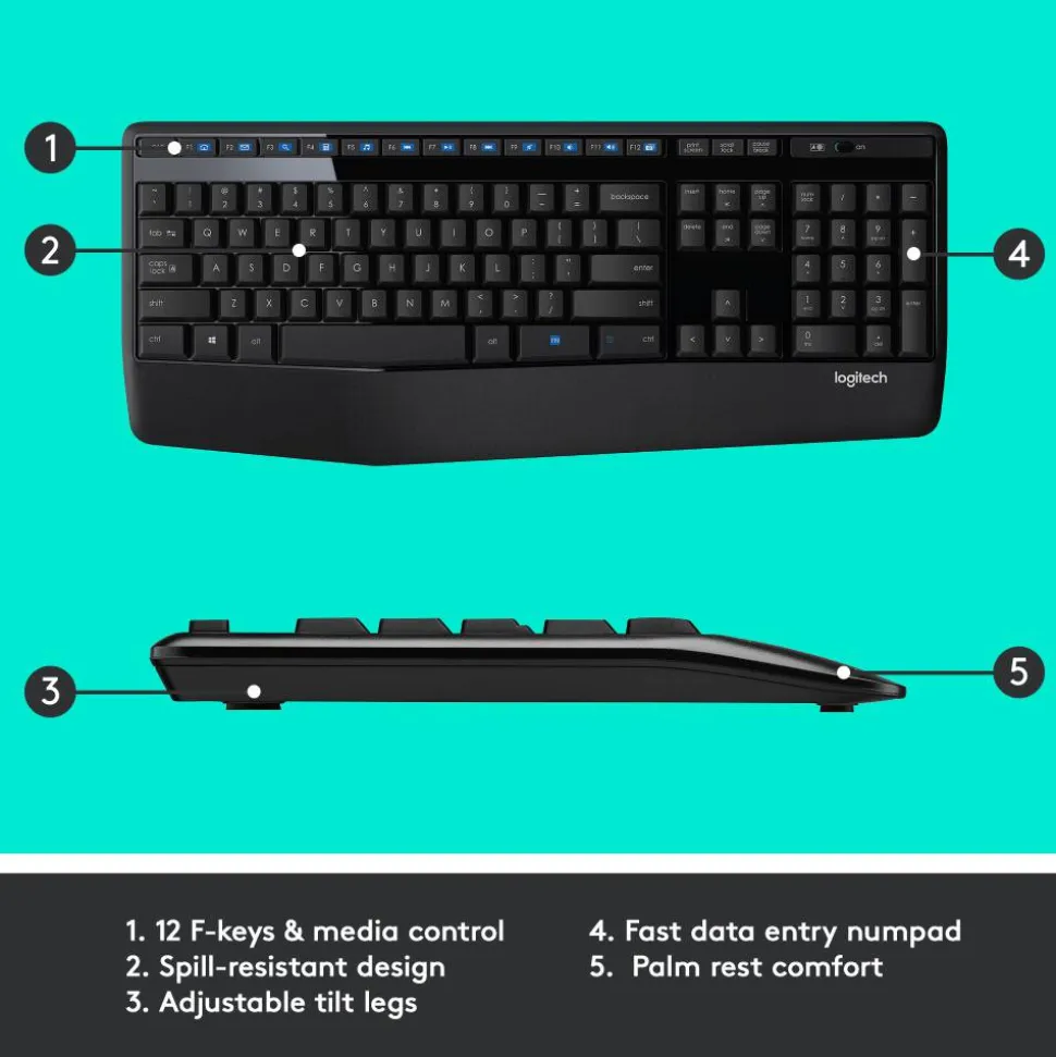 Logitech MK345 Wireless Straight Full Size Keyboard & Right-Handed Optical Mouse, Black