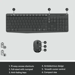 Logitech MK235 Wireless Straight Full-Size Keyboard & Ambidextrous Optical Mouse, Black