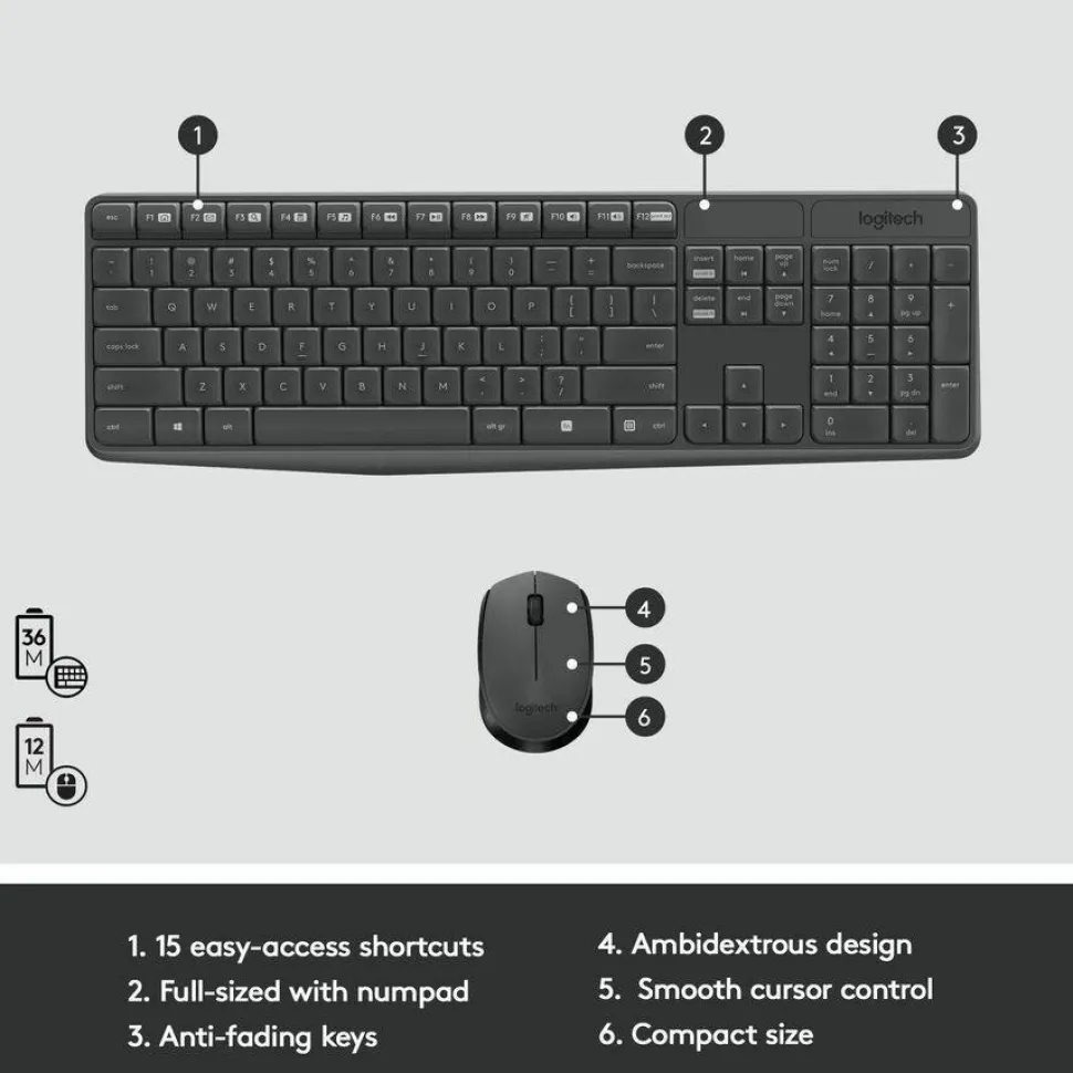 Logitech MK235 Wireless Straight Full-Size Keyboard & Ambidextrous Optical Mouse, Black