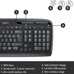 LogitechMK320 Wireless Straight Full-Size Keyboard & Ambidextrous Optical Mouse, Black