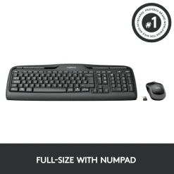 LogitechMK320 Wireless Straight Full-Size Keyboard & Ambidextrous Optical Mouse, Black