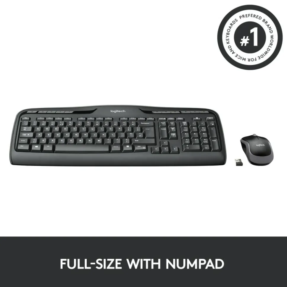 LogitechMK320 Wireless Straight Full-Size Keyboard & Ambidextrous Optical Mouse, Black