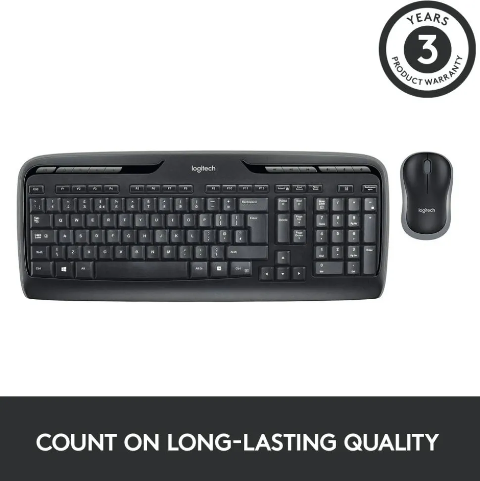 LogitechMK320 Wireless Straight Full-Size Keyboard & Ambidextrous Optical Mouse, Black