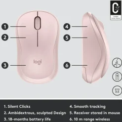 Logitech M220 SILENT Wireless Mouse, Rose