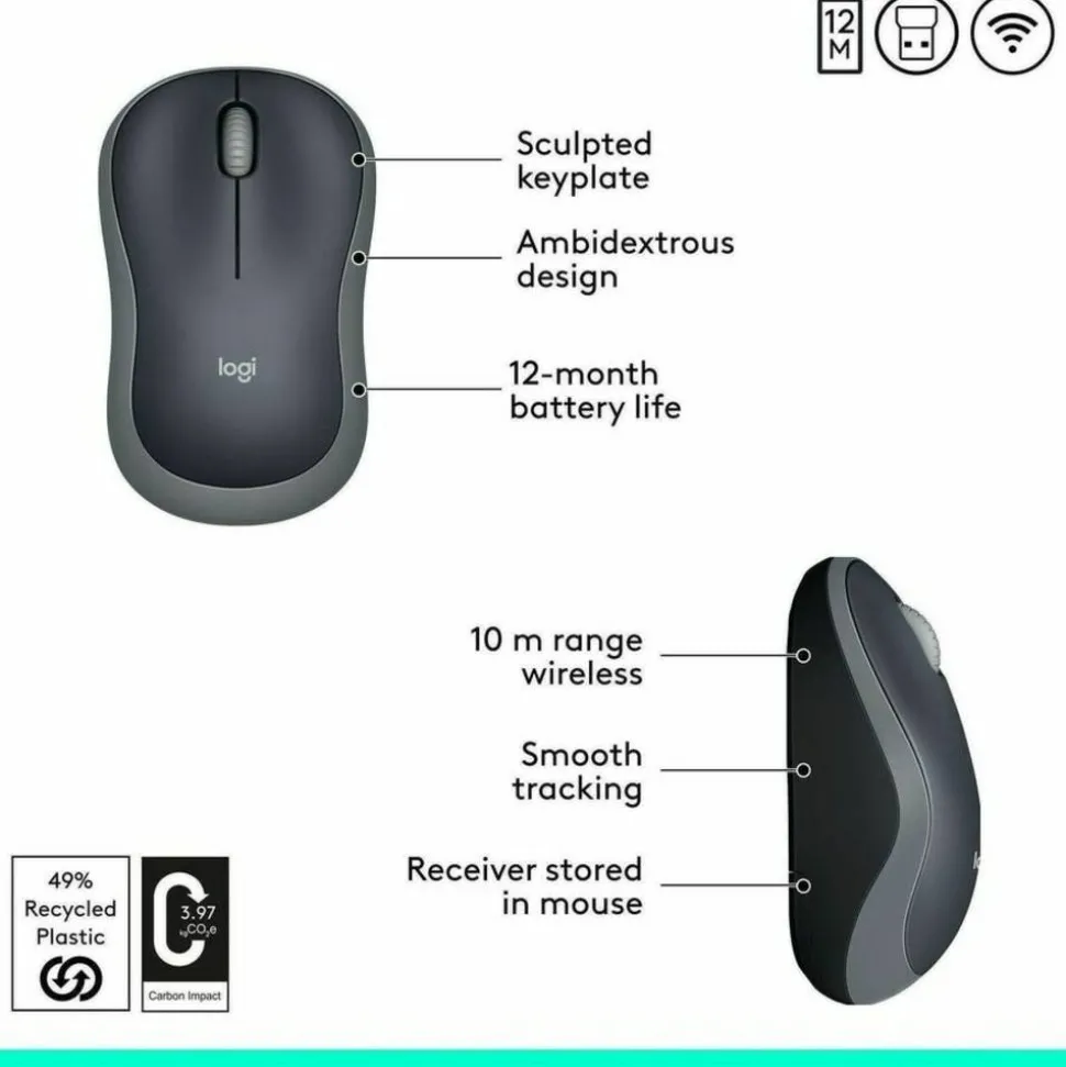 Logitech M185 Wireless Mouse, 2.4GHz with USB Mini Receiver, 1000 DPI Optical Tracking, Swift Grey