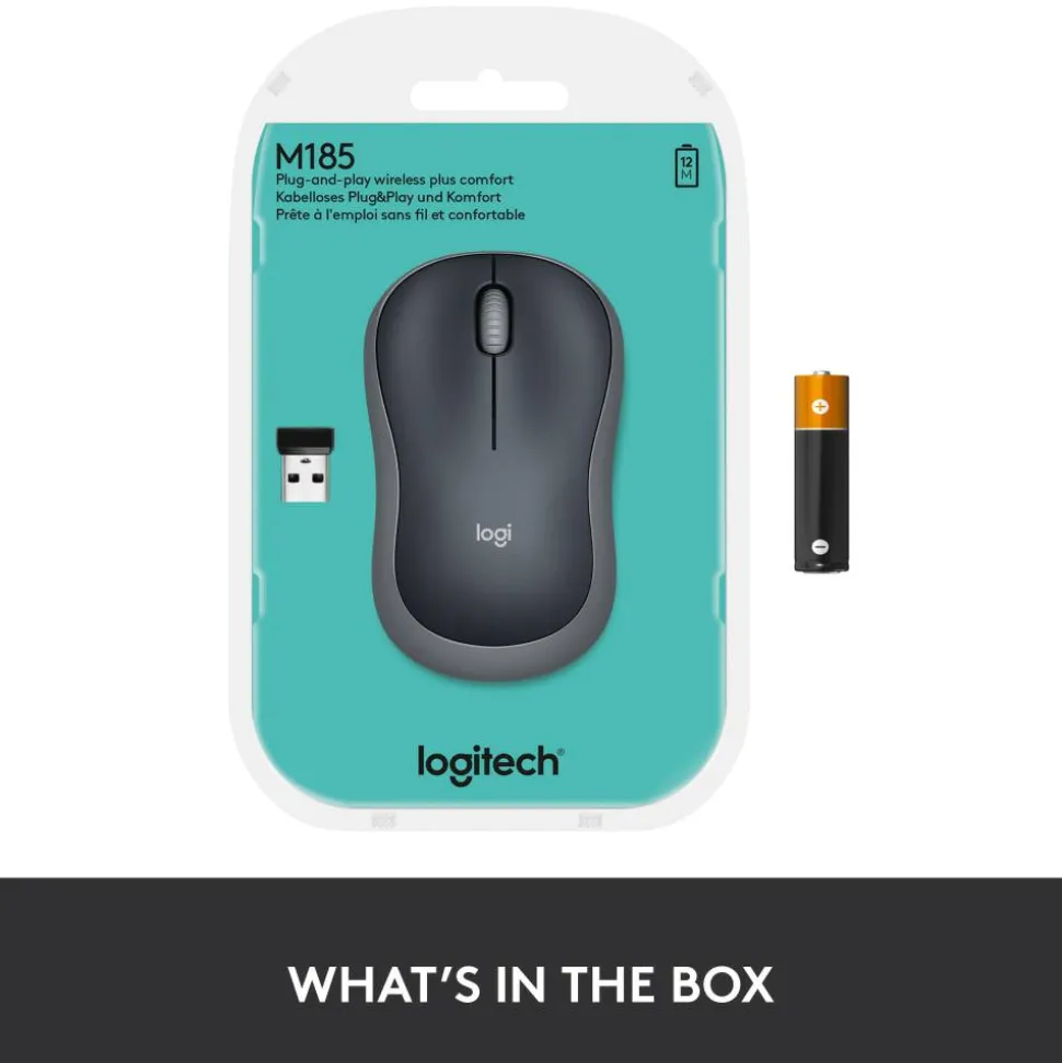Logitech M185 Wireless Mouse, 2.4GHz with USB Mini Receiver, 1000 DPI Optical Tracking, Swift Grey