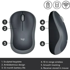 Logitech M185 Wireless Mouse, 2.4GHz with USB Mini Receiver, 1000 DPI Optical Tracking, Swift Grey