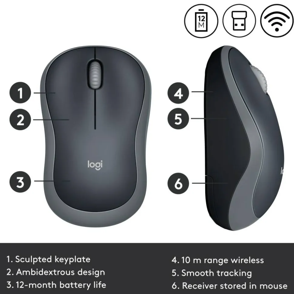 Logitech M185 Wireless Mouse, 2.4GHz with USB Mini Receiver, 1000 DPI Optical Tracking, Swift Grey