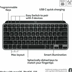 Logitech MX Keys Mini for Mac Minimalist Wireless Keyboard Compact, Bluetooth, Backlit Keys, USB-C, Fast - Space Gray