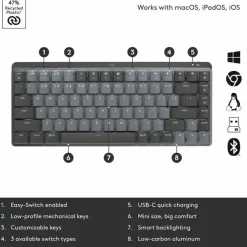 Logitech MX Mechanical Mini Minimalist Wireless Illuminated Keyboard, Linear Switches, Bluetooth, Graphite