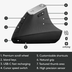 Logitech MX Vertical Advanced Ergonomic Wireless Mouse, Control and Move Content Between 3 Windows and Apple Computers, Graphite - 910-005447