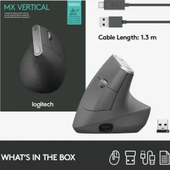Logitech MX Vertical Advanced Ergonomic Wireless Mouse, Control and Move Content Between 3 Windows and Apple Computers, Graphite - 910-005447
