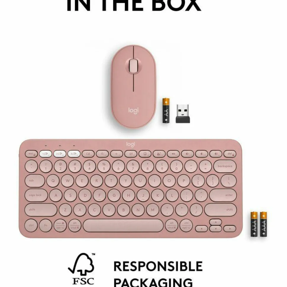 Logitech Pebble 2 Combo, Wireless Keyboard and Mouse, Quiet and Portable, Customizable, Logi Bolt, Tonal Rose