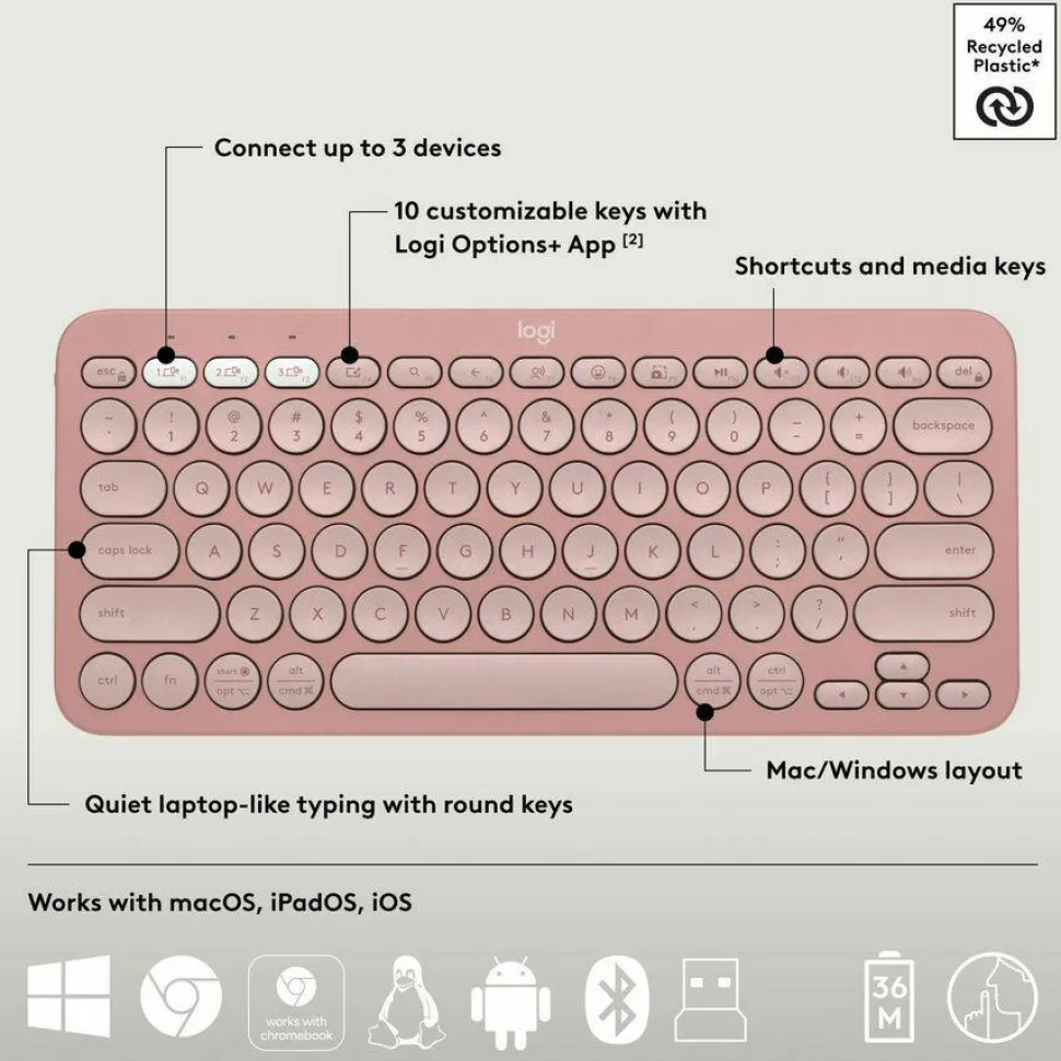 Logitech Pebble 2 Combo, Wireless Keyboard and Mouse, Quiet and Portable, Customizable, Logi Bolt, Tonal Rose