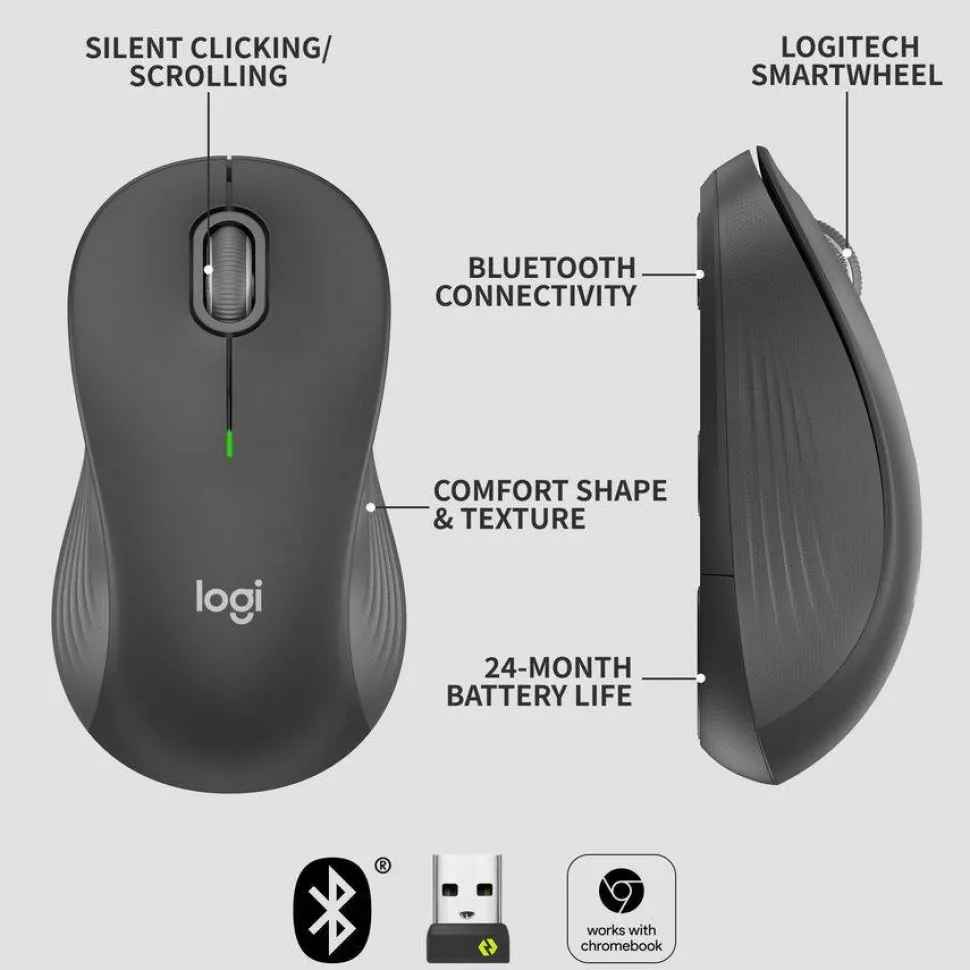 Logitech Signature M550 L Full Size Wireless Mouse - For Large Sized Hands, 2-Year Battery, Silent Clicks, Bluetooth, Graphite