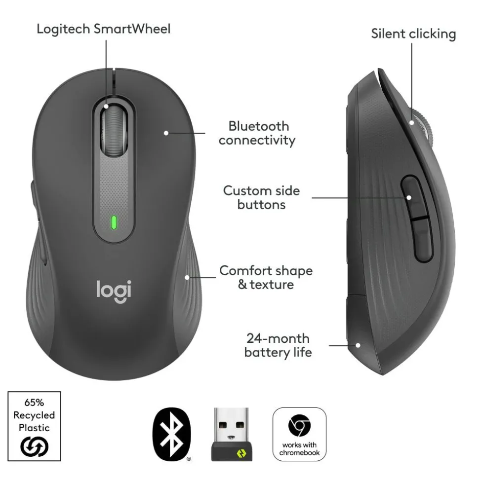 Logitech Signature M650 L Full Size Wireless Mouse, Graphite