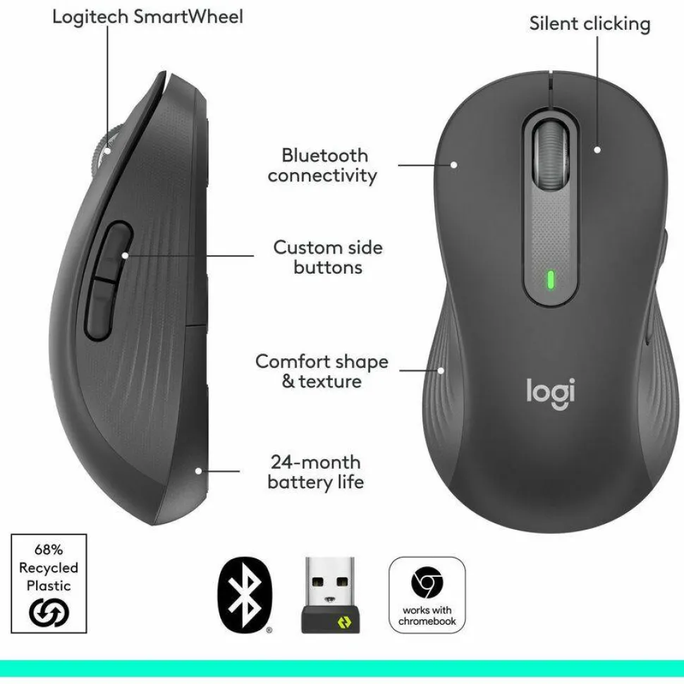 Logitech Signature M650 L Full Size Wireless Mouse (Left-Handed) - For Large Sized Hands, 2-Year Battery, Silent Clicks, Customizable Side Buttons, Bluetooth, for PC/Mac/Multi-Device/Chromebook