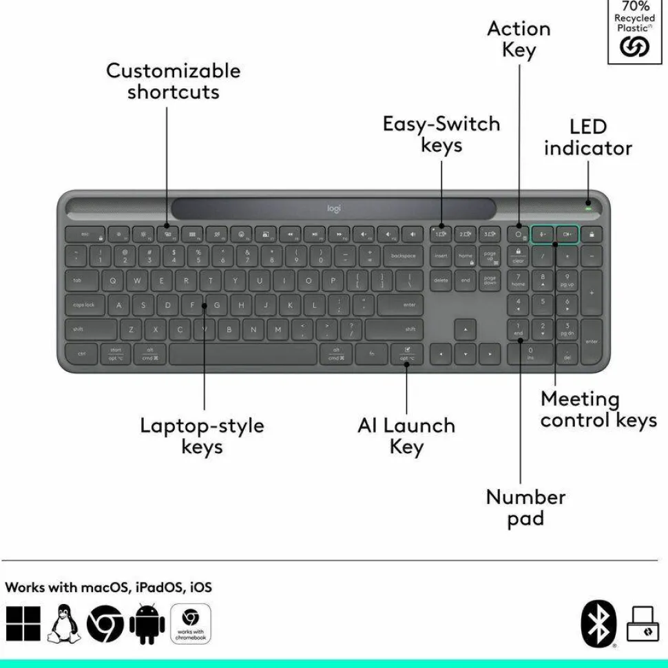 Logitech Signature Slim Solar+ K980 for Business, Wireless Keyboard, Quiet Typing, Secure Receiver, Bluetooth, Windows, Mac - Graphite